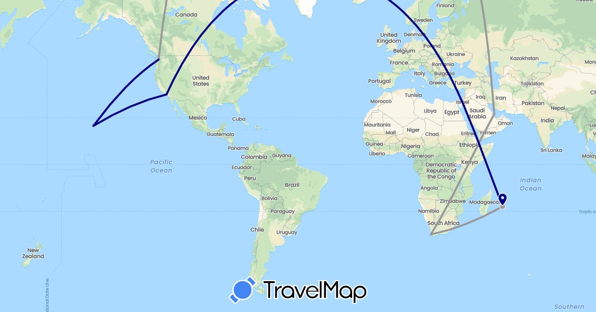 TravelMap itinerary: driving, plane in France, Qatar, United States, South Africa (Africa, Asia, Europe, North America)